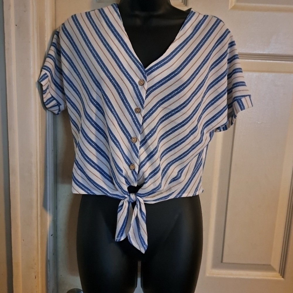 Monteau Blue and White Striped Button-Down Top